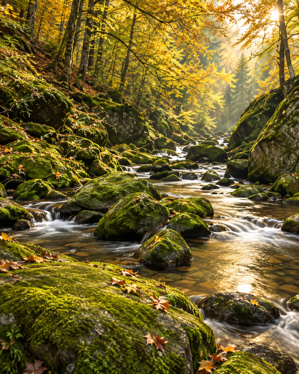 Bach mit moosigen Felsen und Wald in der Buchberger Leite