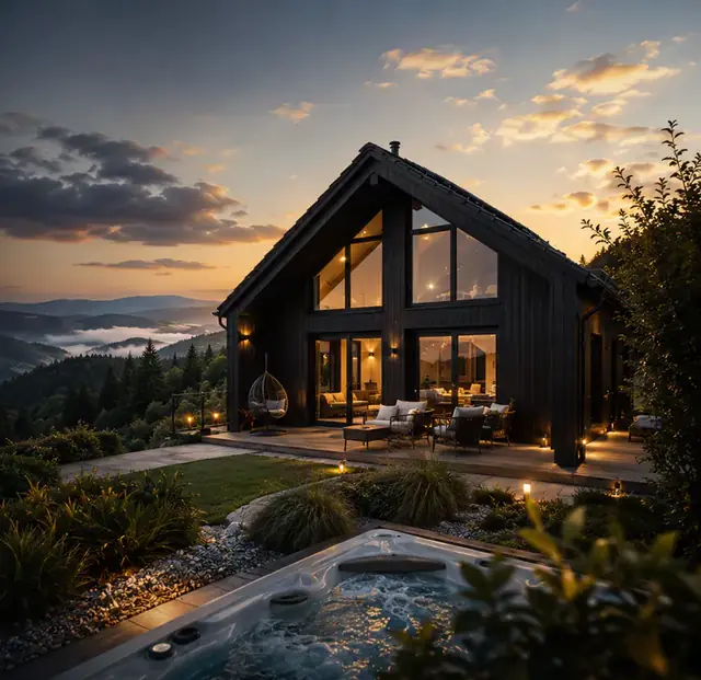 Privater Whirlpool vor einem Wolfsteiner Bergchalet am Abend